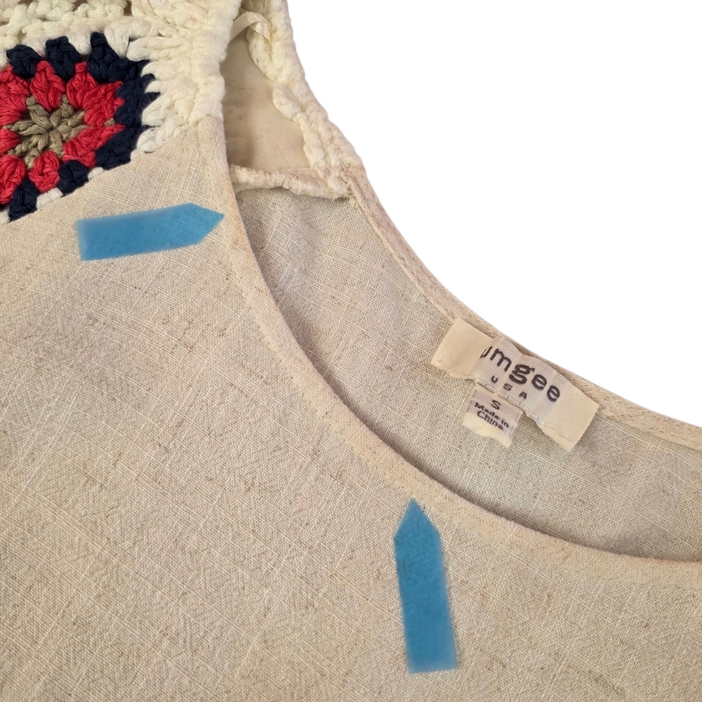 Umgee Linen Blend Boho Blouse Crochet Granny Square Puff Sleeve Women Small - Picture 4 of 9
